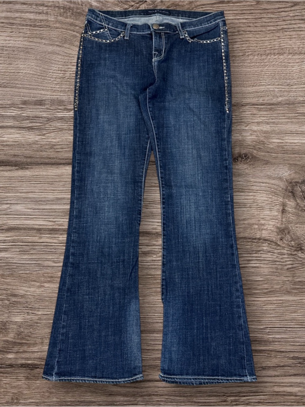 Rock & Republic Dark Blue Flare Jeans with Rhinestone Trim